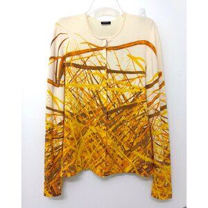 Akris Grass Print Silk Cardigan Sweater Yellow Straw Hay Stripe Button Down 10